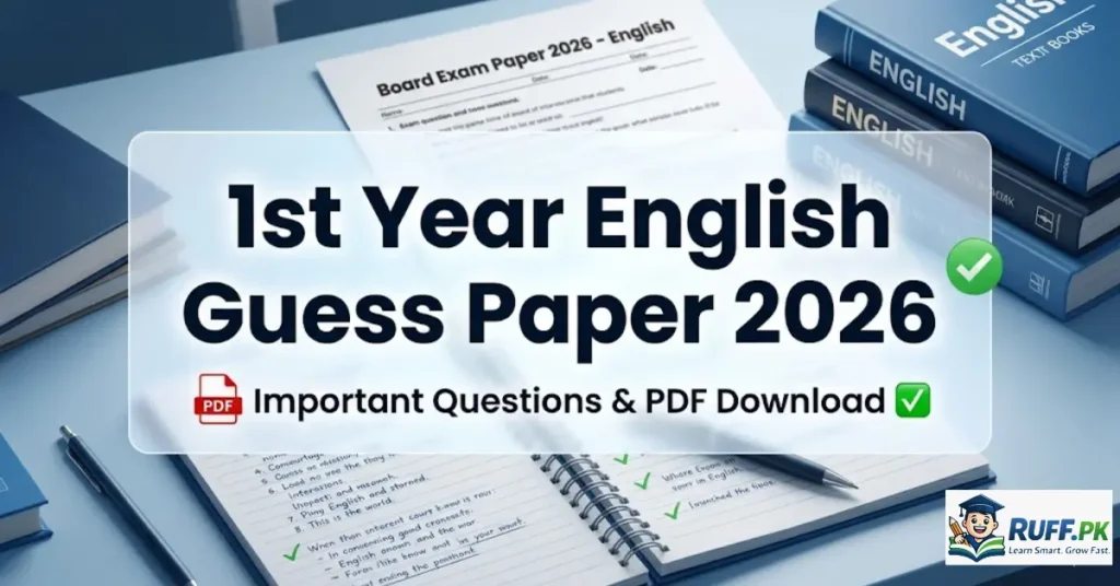 1st Year English Guess Paper 2026 featured image with books and exam theme