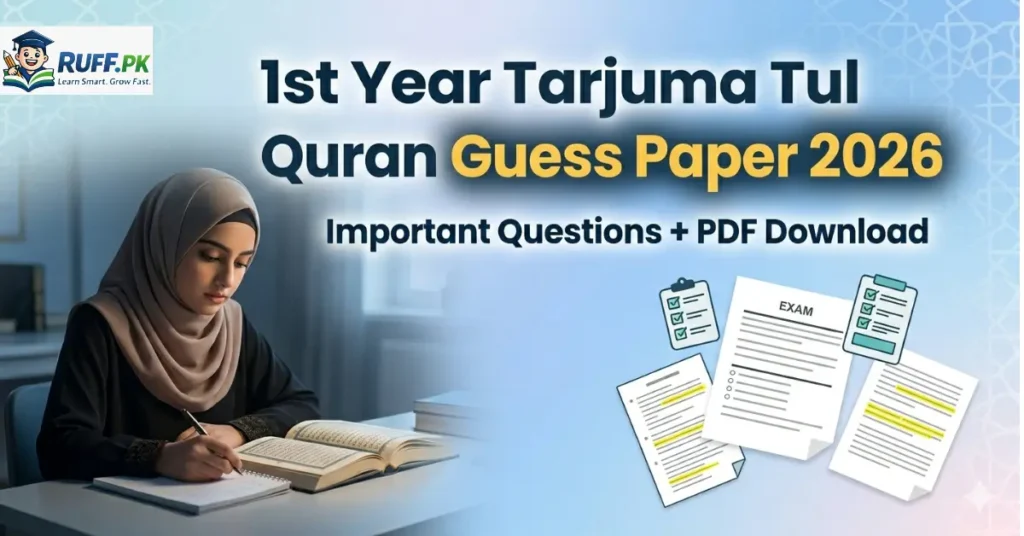 1st Year Tarjuma Tul Quran Guess Paper 2026 study guide showing student preparing with Quran, notes, and important exam questions for Punjab Board exams