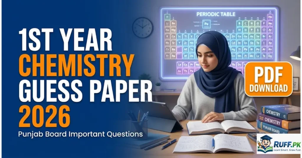 High CTR banner showing student studying 1st Year Chemistry Guess Paper 2026 with PDF download text for Punjab Board exams