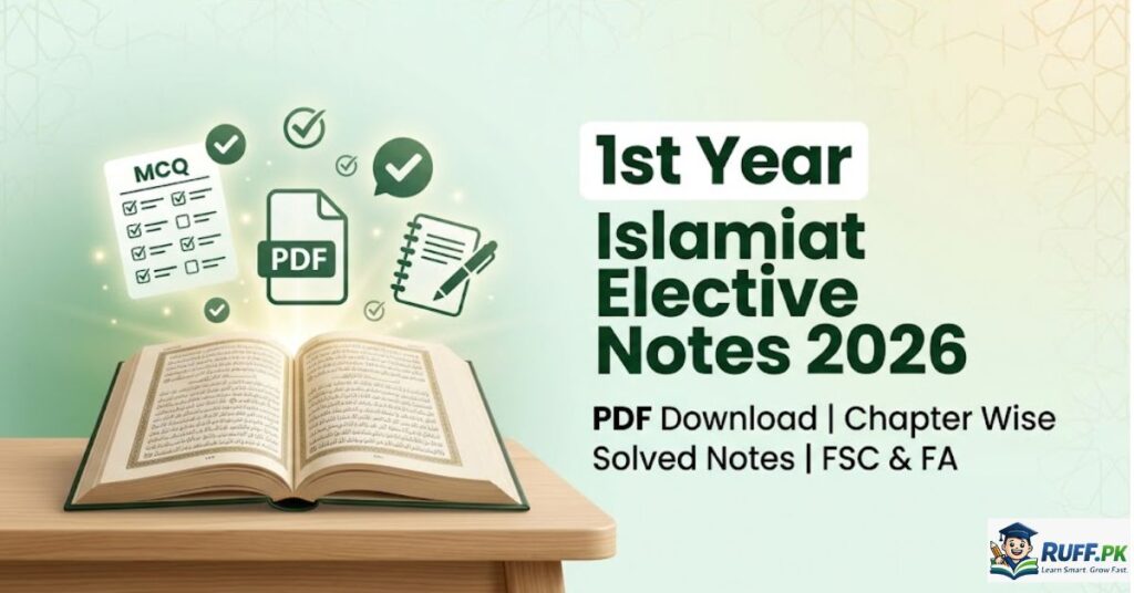 1st Year Islamiat Elective Notes 2026 PDF cover image showing Islamic studies book, MCQs sheets, and exam preparation material for FSC and FA students.