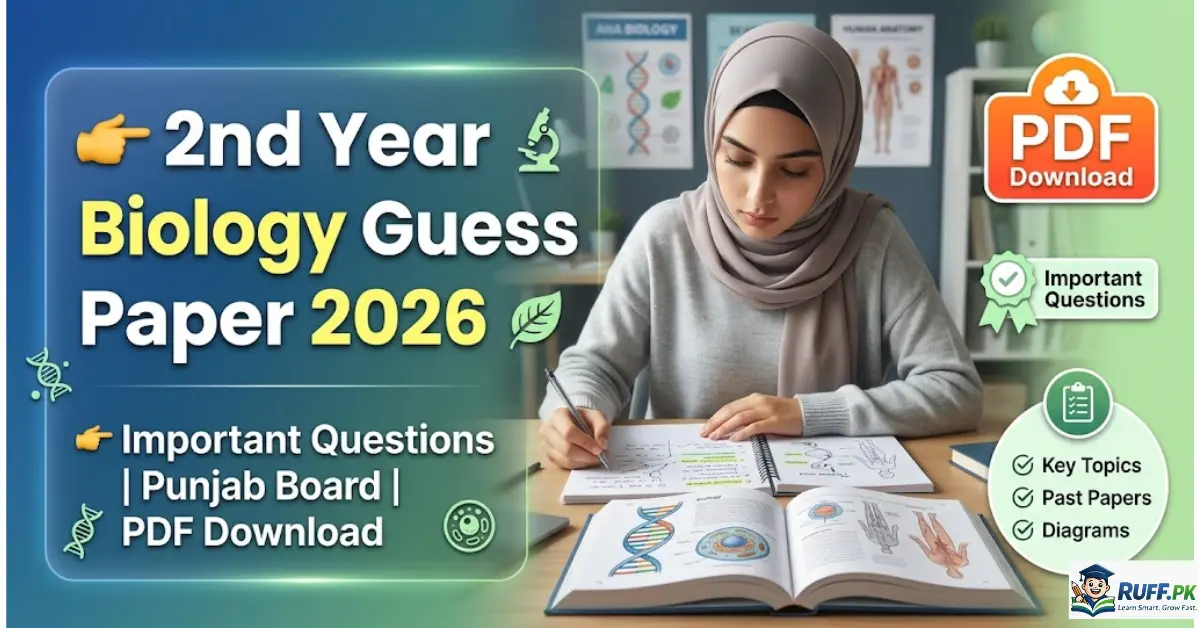 2nd Year Biology Guess Paper 2026 PDF download featuring important questions, Punjab Board exam preparation, and high scoring biology topics for FSc Part 2 students