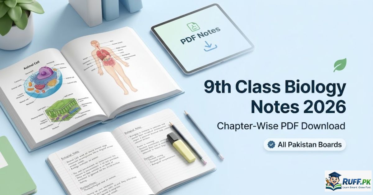 9th class biology notes 2026 PDF download banner showing study desk with biology books, diagrams, and digital notes for exam preparation.