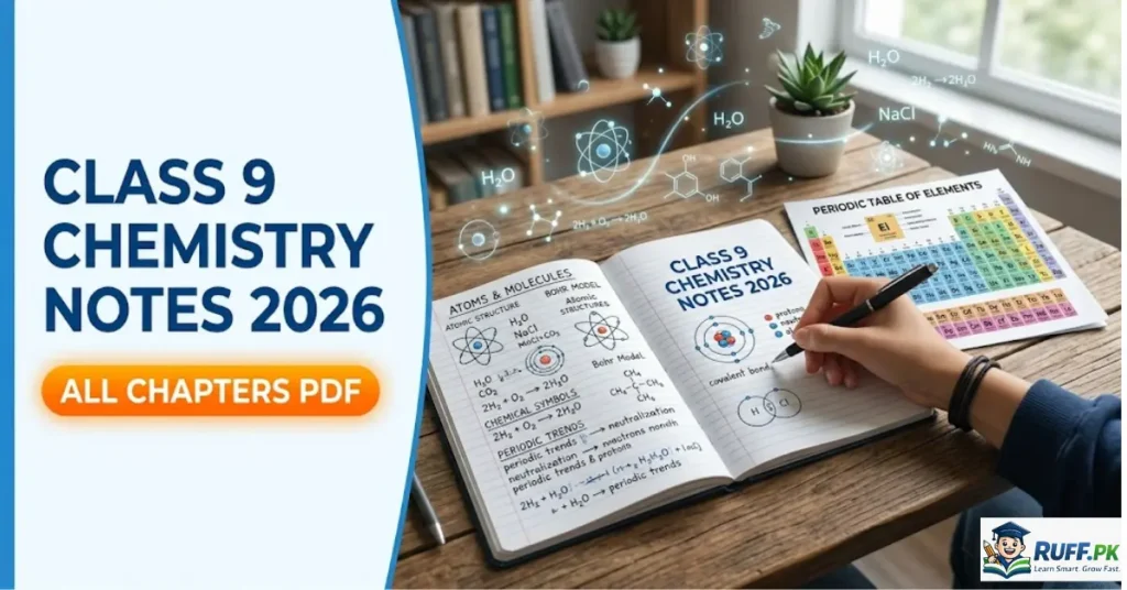 Featured image showing Class 9 Chemistry Notes 2026 PDF with periodic table, formulas, and study desk for Punjab Board and FBISE students