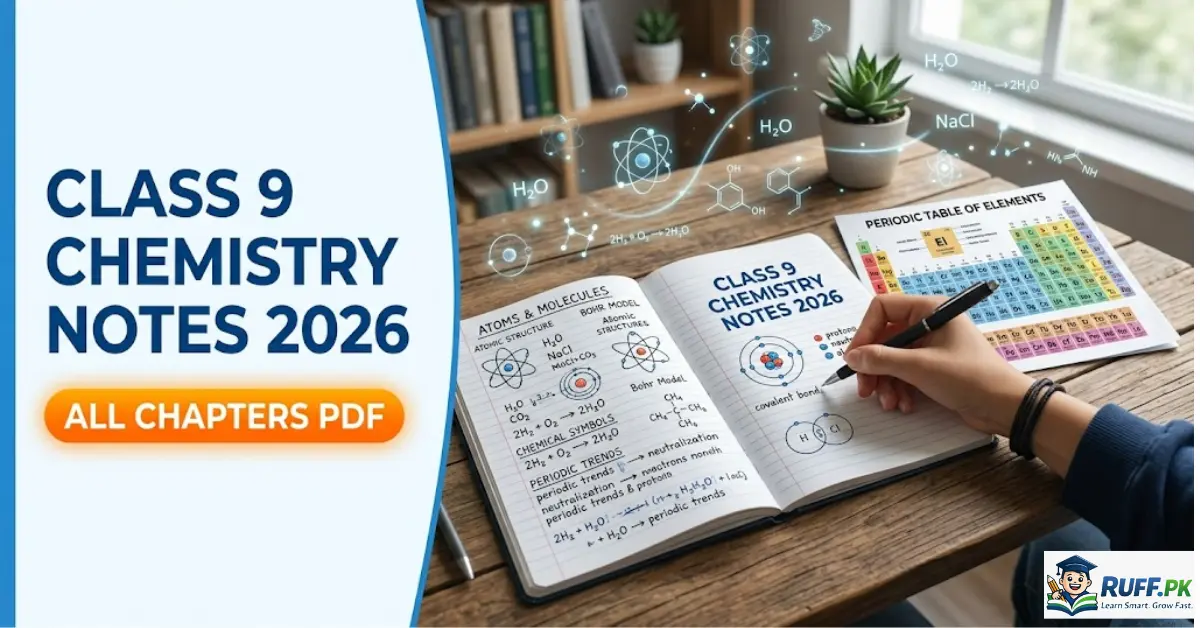 Featured image showing Class 9 Chemistry Notes 2026 PDF with periodic table, formulas, and study desk for Punjab Board and FBISE students