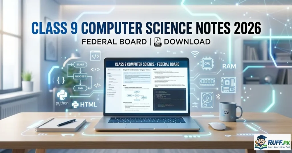 Class 9 Computer Science Notes chapter-wise PDF for exam preparation with MCQs, short questions, and programming basics.