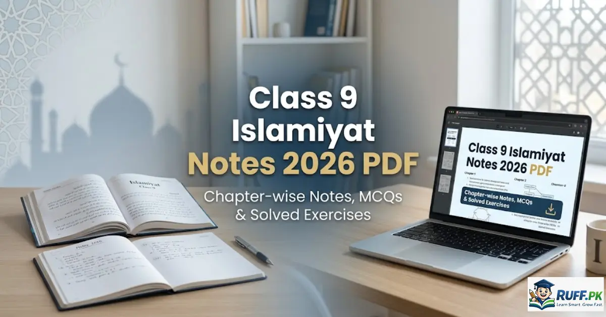 Class 9 Islamiyat Notes 2026 PDF download with chapter-wise MCQs, short questions, and solved exercises for Pakistan board students